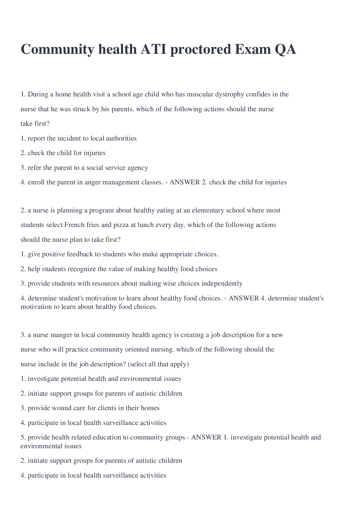 Preview image for Community health ATI proctored Exam QA